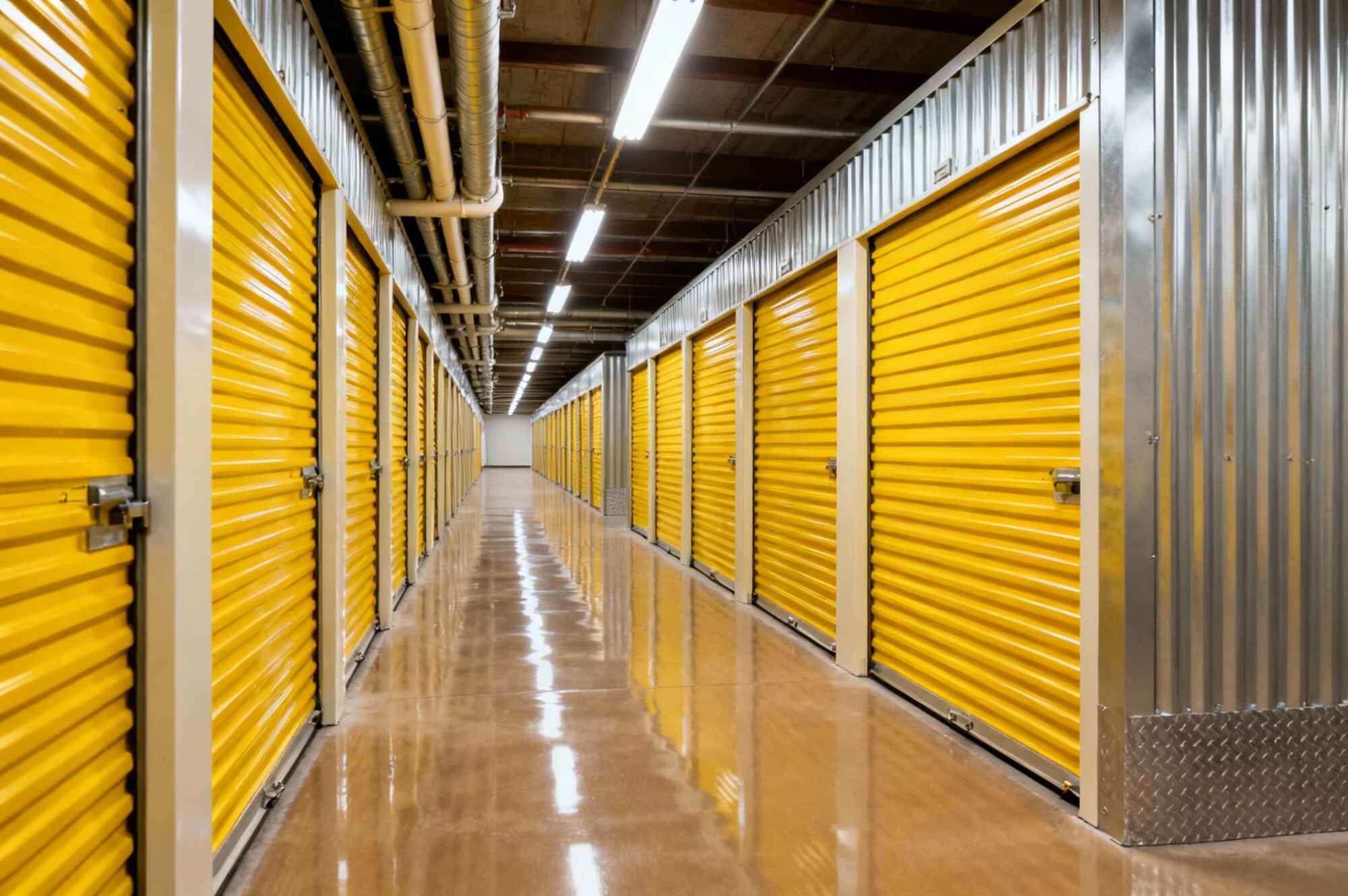A long, brightly lit hallway in a self-storage facility with rows of yellow roll-up doors on both sides.